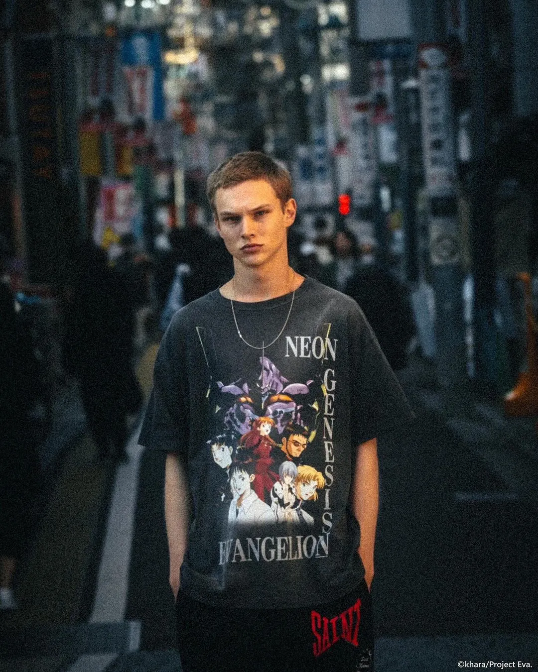 SAINT Mxxxxxx × EVANGELION NEON GNSIS TEE/BLK co-branded Neon Genesis Evangelion distressed short-sleeves, washed black S-XL, vintage NEW VINTAGE, top printing technology, garment dyeing, re-washed, distressed, correct co-branded main mark/washing mark